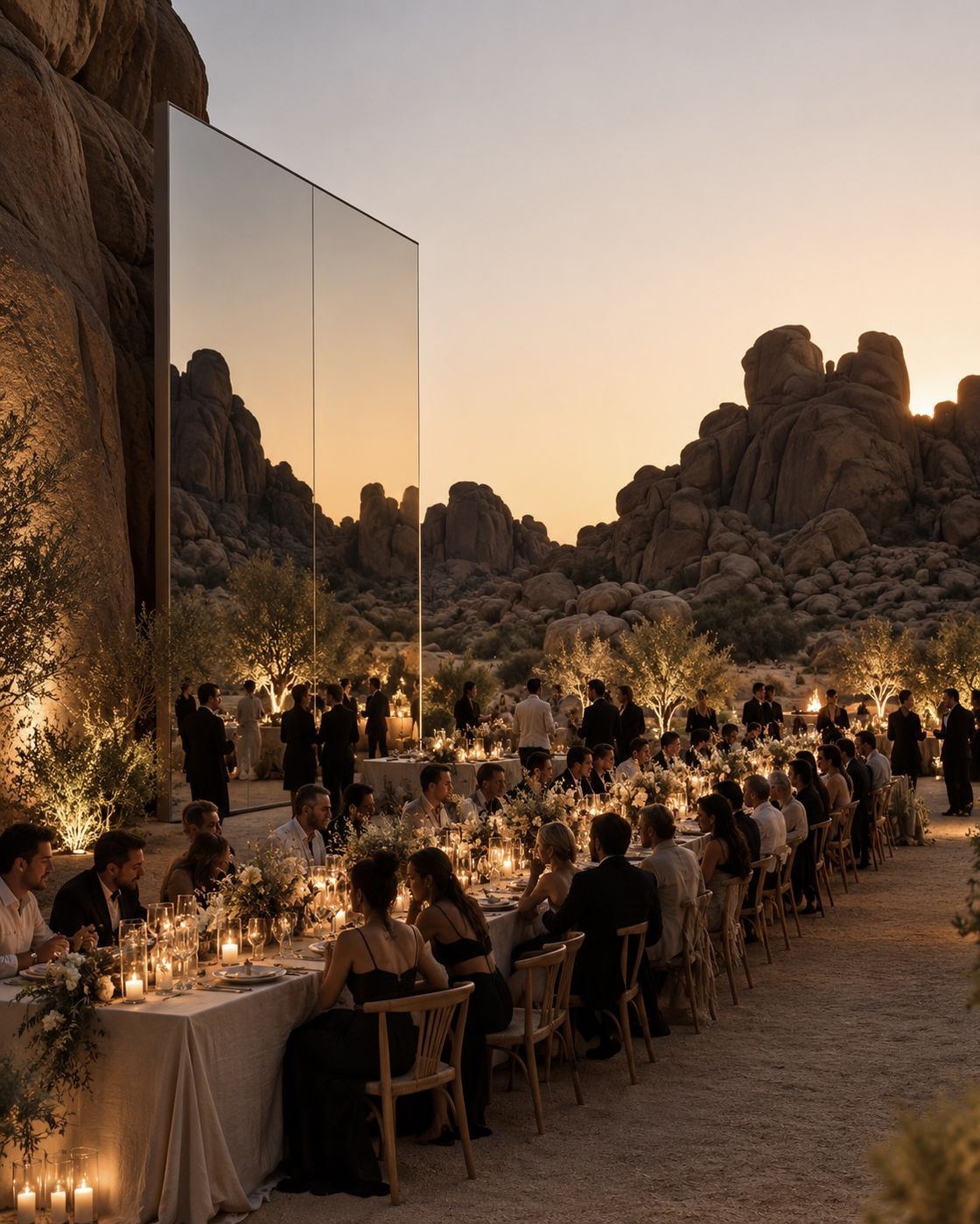 A long candlelit table set between rocks at sunset